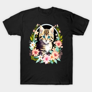 Tiger Striped kitten Surrounded by Beautiful Spring Flowers T-Shirt